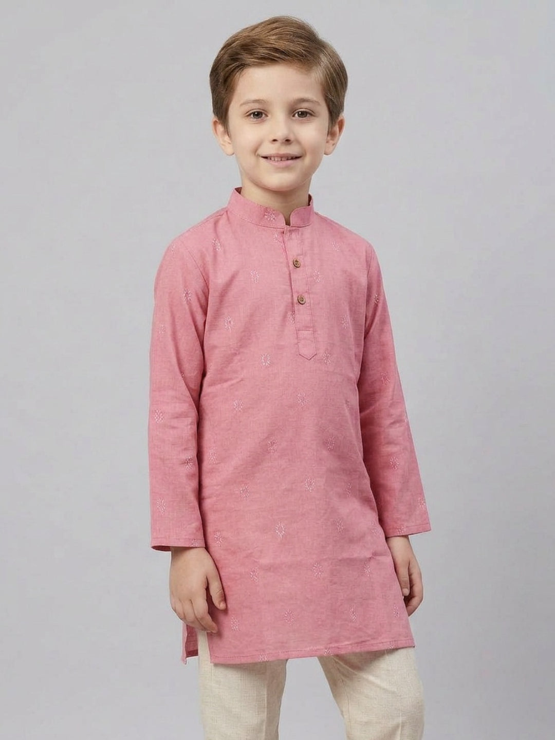 Boys Pink Cotton Kurta Set with Buta Motif | SHOBITAM