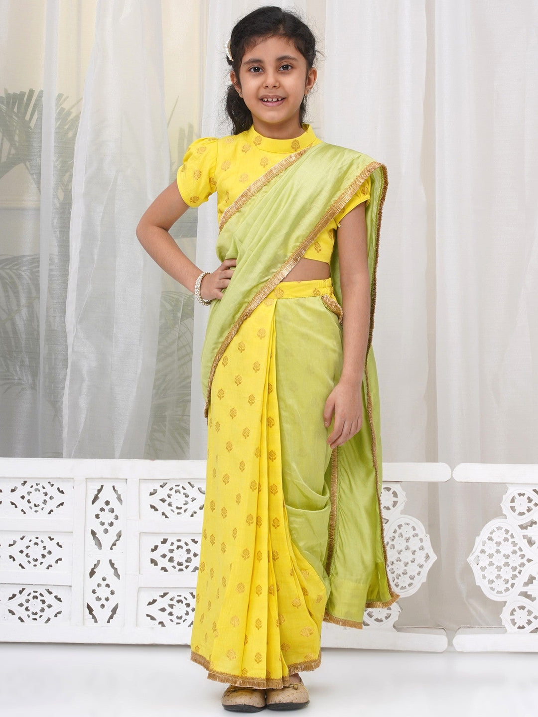 Girls Cotton Puff Sleeves Floral Embroidery Ready to wear Blouse with Ready to wear Chanderi Saree - Yellow & Green | SHOBITAM