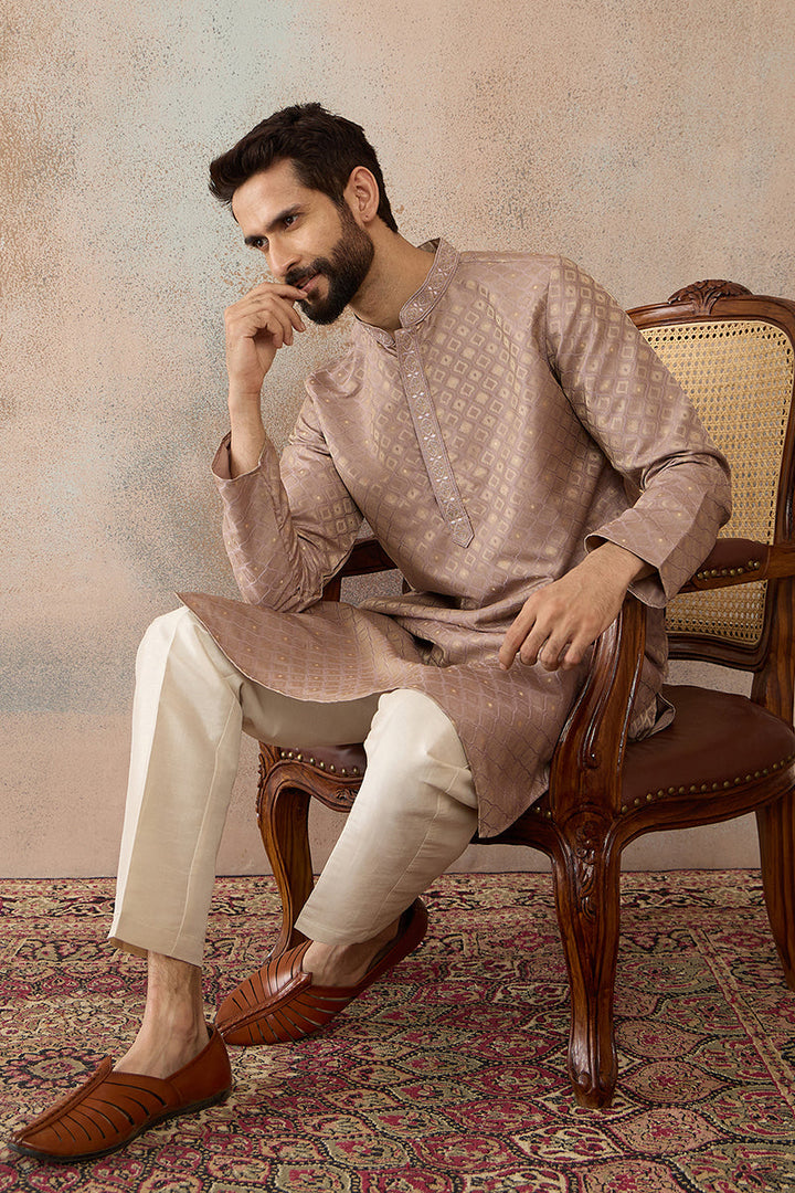 Mens Taupe Jacquard Ethnic Motifs Embroidered Kurta | SHOBITAM