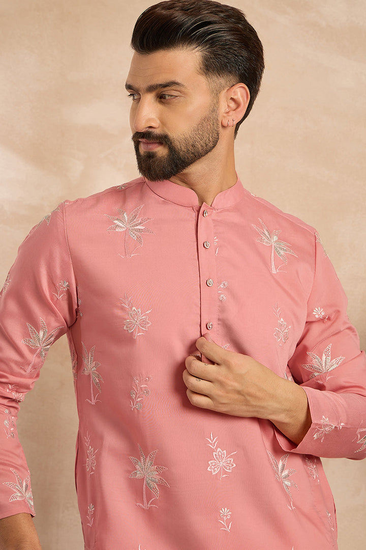 Pink Cotton Solid Embroidered Straight Kurta | SHOBITAM
