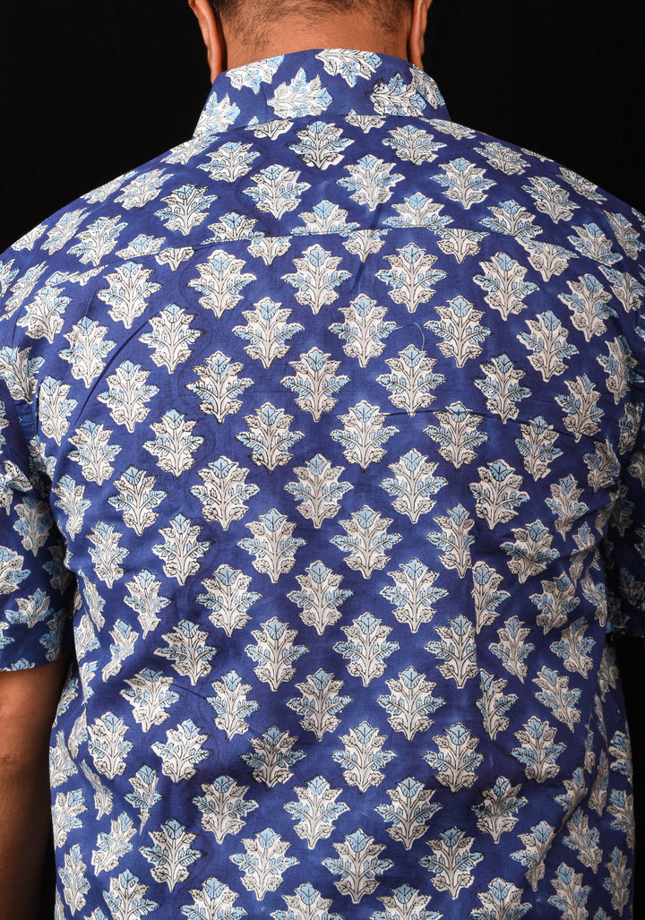 Blue White Bagru Handblock Printed Cotton Mens Shirt Heer