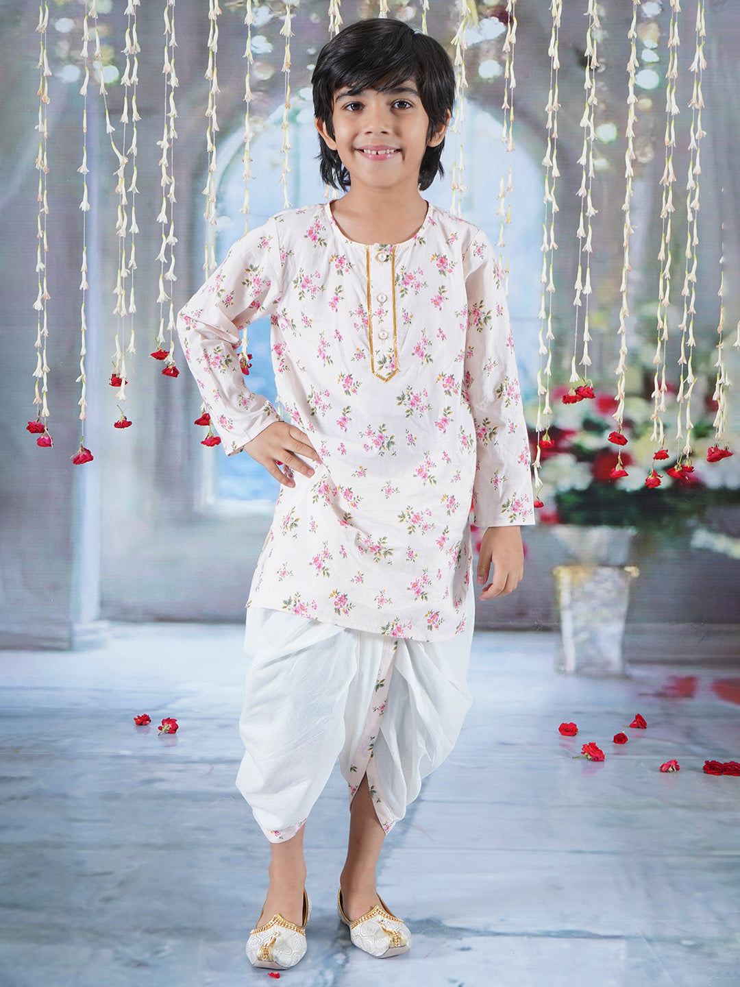 Boys Cotton Full Sleeves Kurta Dhoti with Garden Floral Print and Pearl Buttons - Beige Pink  | SHOBITAM