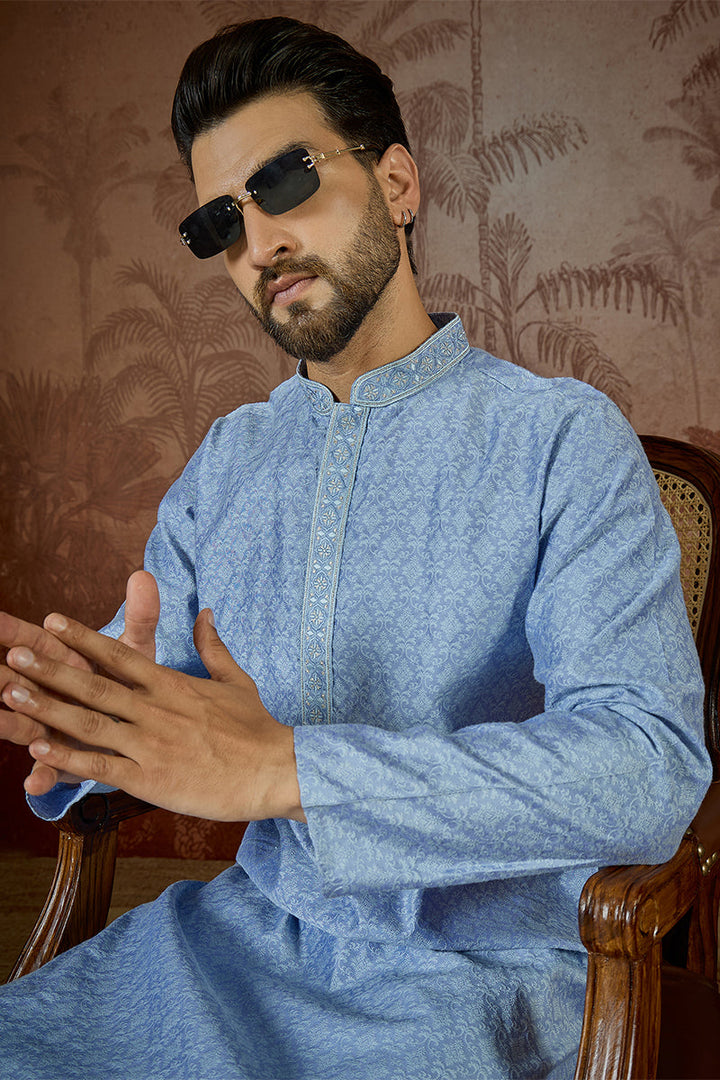 Mens Blue Jacquard Solid Embroidered Kurta  | SHOBITAM