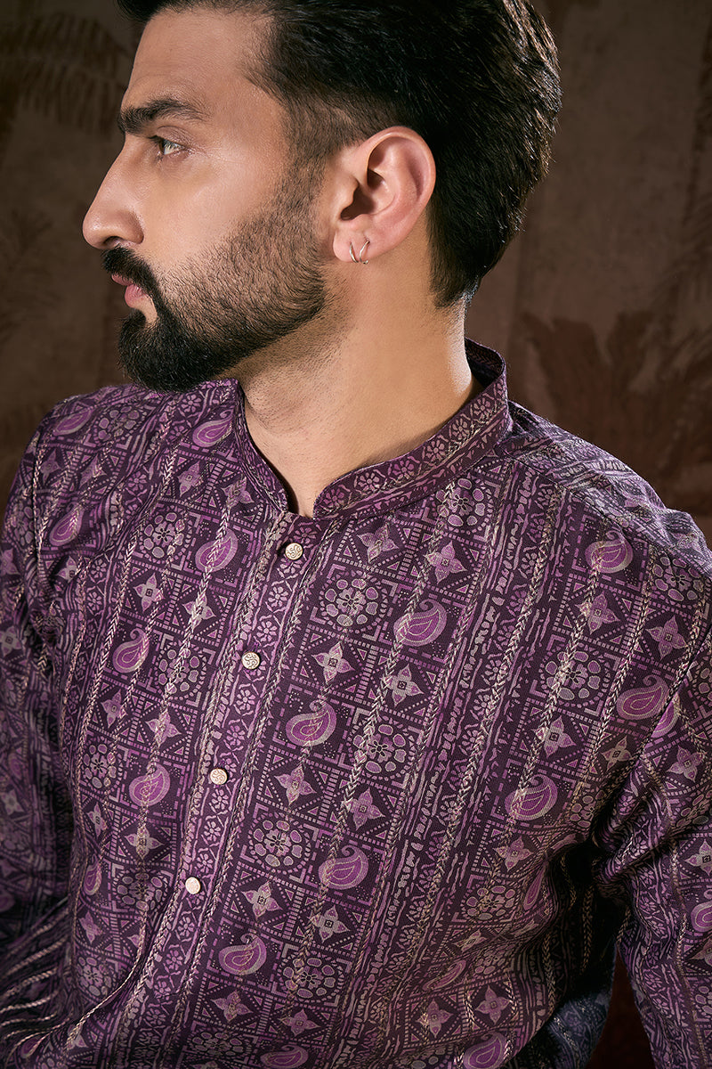 Purple Silk Blend Ethnic Motifs Printed Straight Kurta For Men | SHOBITAM
