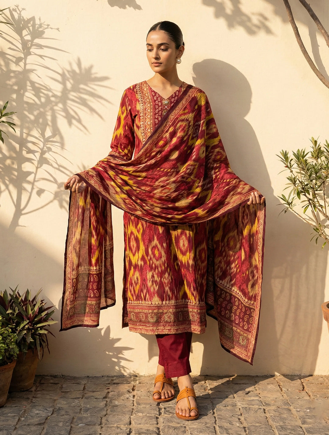Red Ikat Print Embroidered V-Neck Kurta Pant Dupatta Set| SHOBITAM