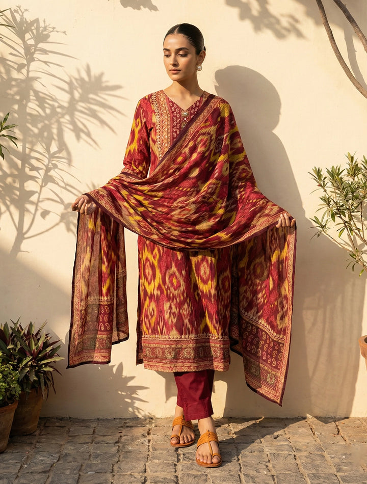 Red Ikat Print Embroidered V-Neck Kurta Pant Dupatta Set| SHOBITAM
