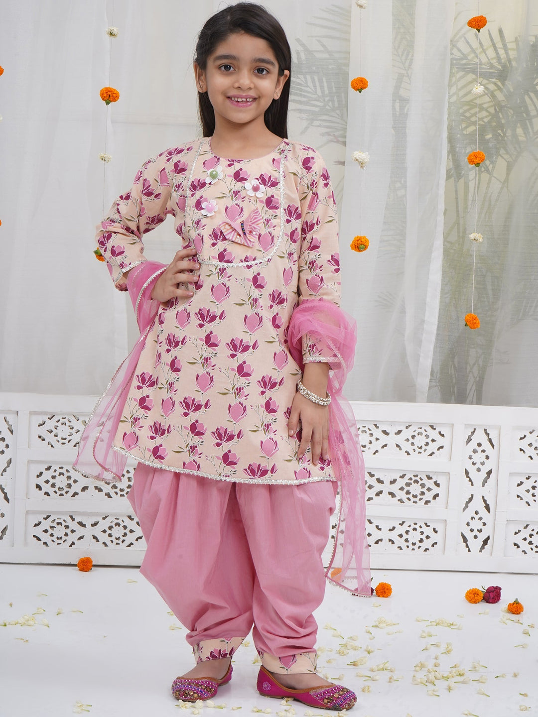 Peach Lotus Print Cotton Kurta Salwar Set with Butterfly handwork and Dupatta | SHOBITAM