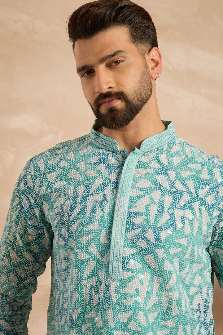 Teal Viscose Rayon Solid Printed Straight Kurta With Trouser| SHOBITAM