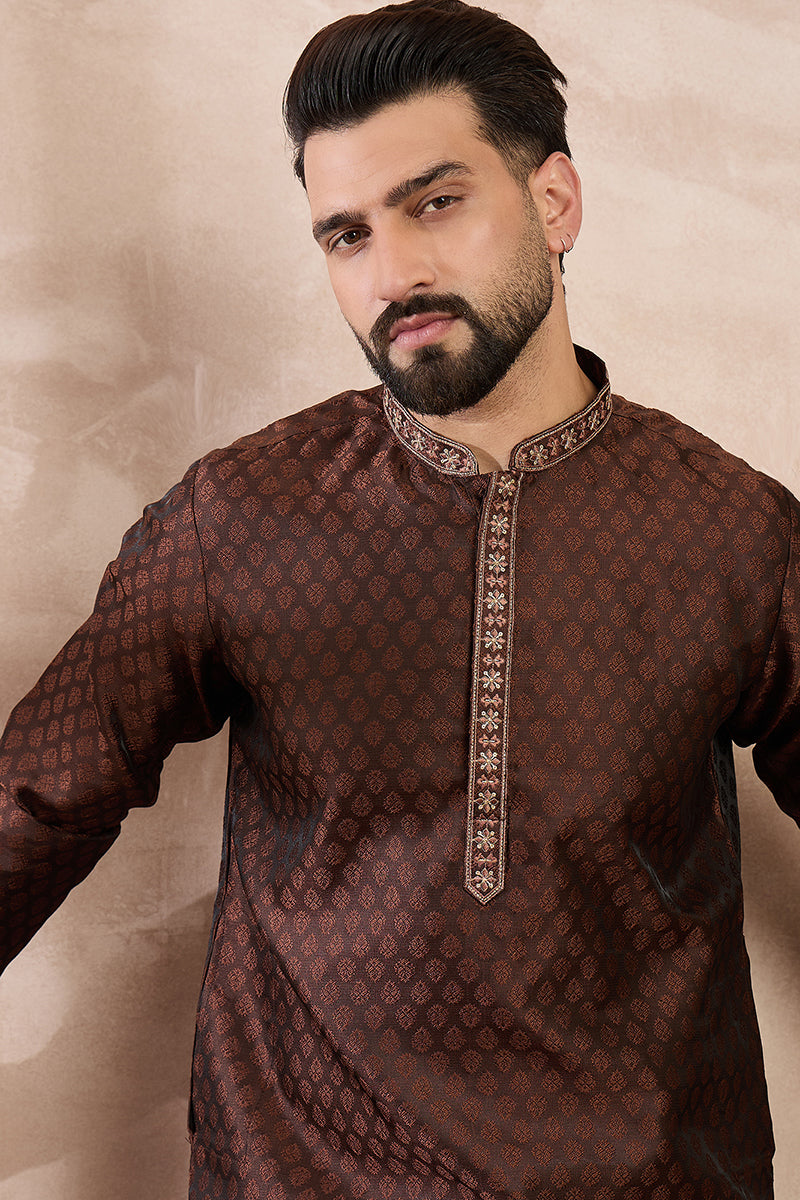 Brown Silk Blend Solid Woven Design Straight Kurta With Trouser | SHOBITAM