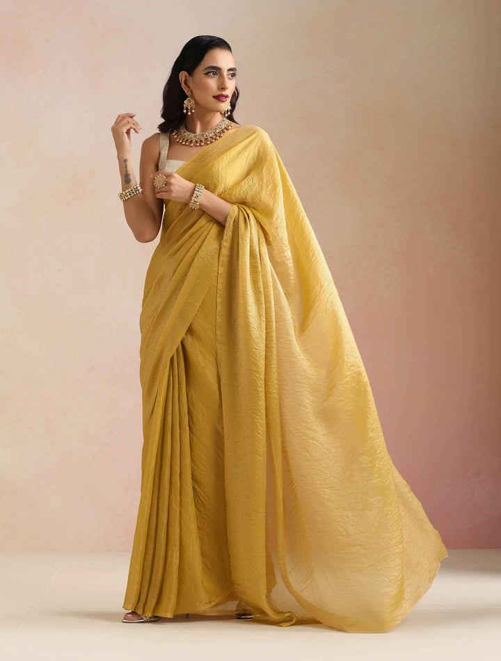 Mustard Tissue Stripe Saree With Unstitched Blouse | SHOBITAM