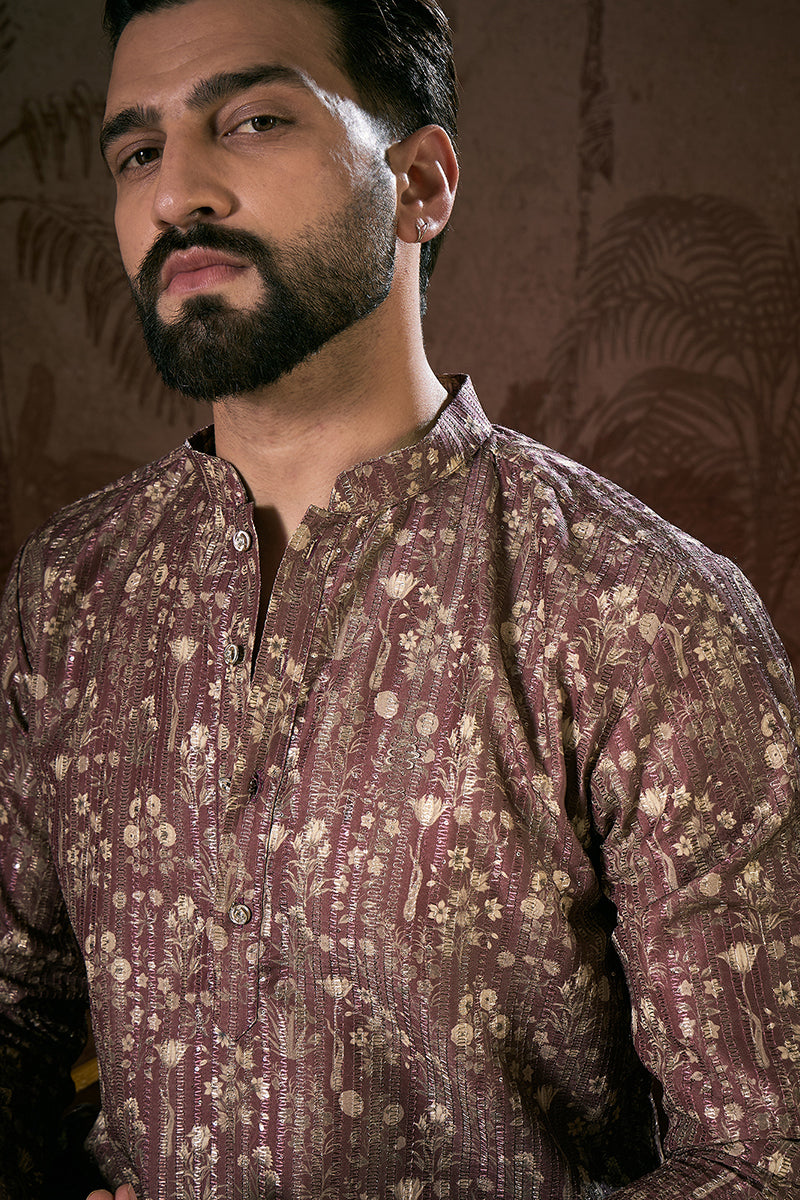 Mauve Silk Blend Floral Printed Straight Kurta With Trouser | SHOBITAM