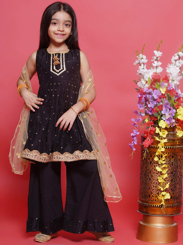Chanderi Cotton Sleeveless Zari Boota & Lace Embellished Kurta Frock with Plazzo and Dupatta - Black | SHOBITAM