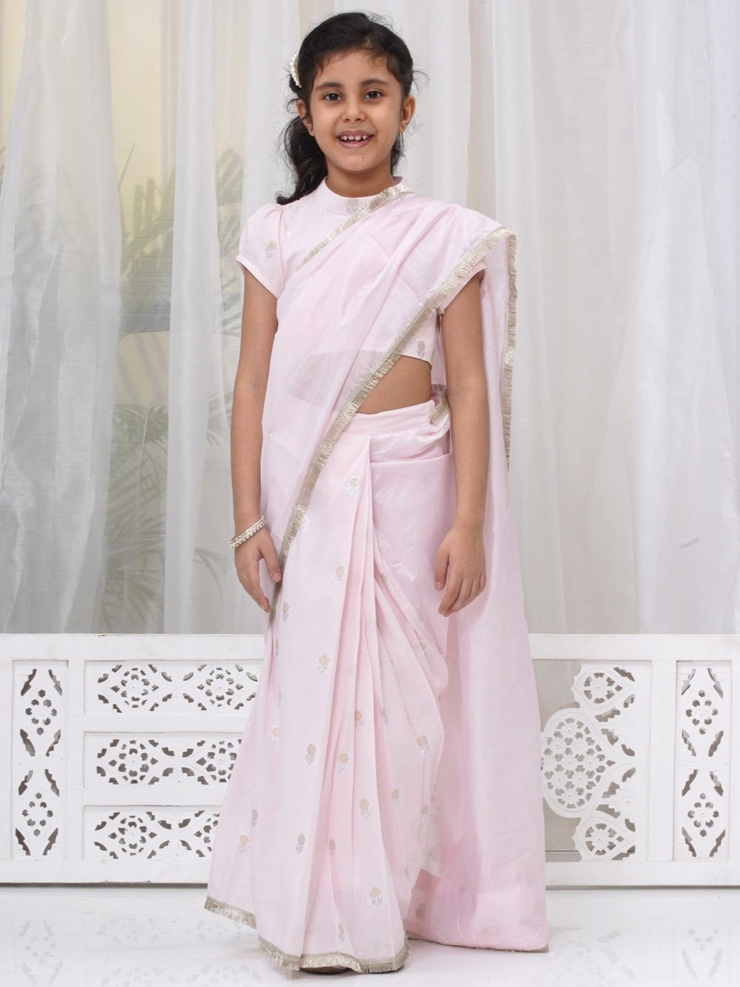 Girls Cotton Puff Sleeves Rose Embroidery Ready to wear Blouse with Ready to wear Chanderi Saree - Pink | SHOBITAM