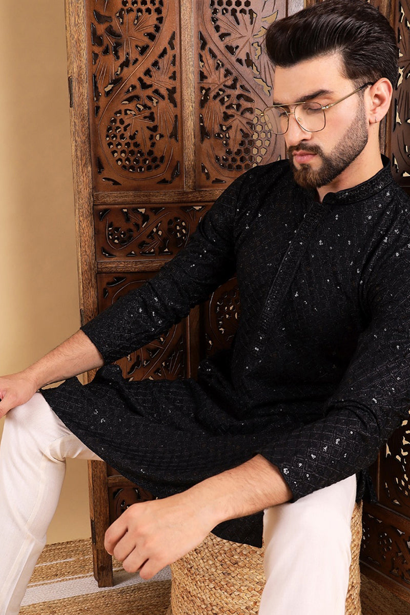 Black Viscose Rayon Solid Embroidered Straight Kurta For Men | SHOBITAM