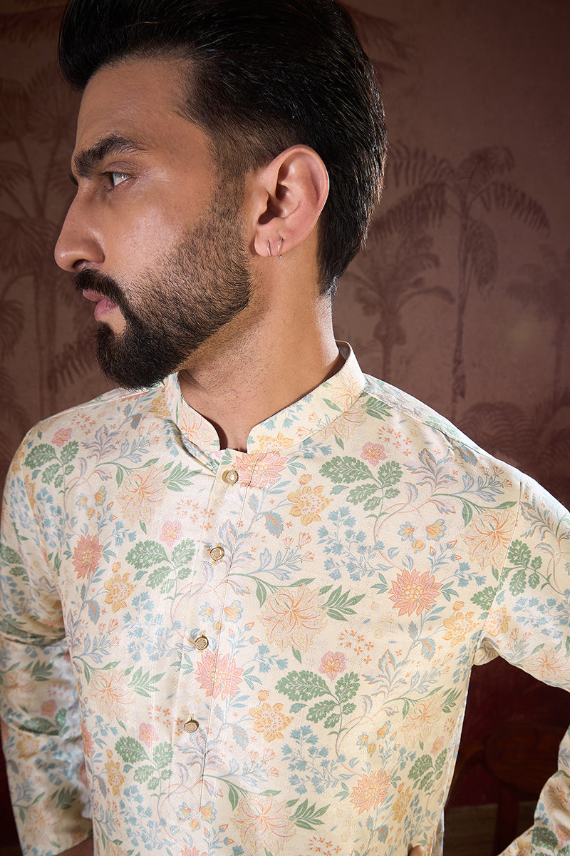 Off White Silk Blend Floral Printed Straight Kurta For Men | SHOBITAM