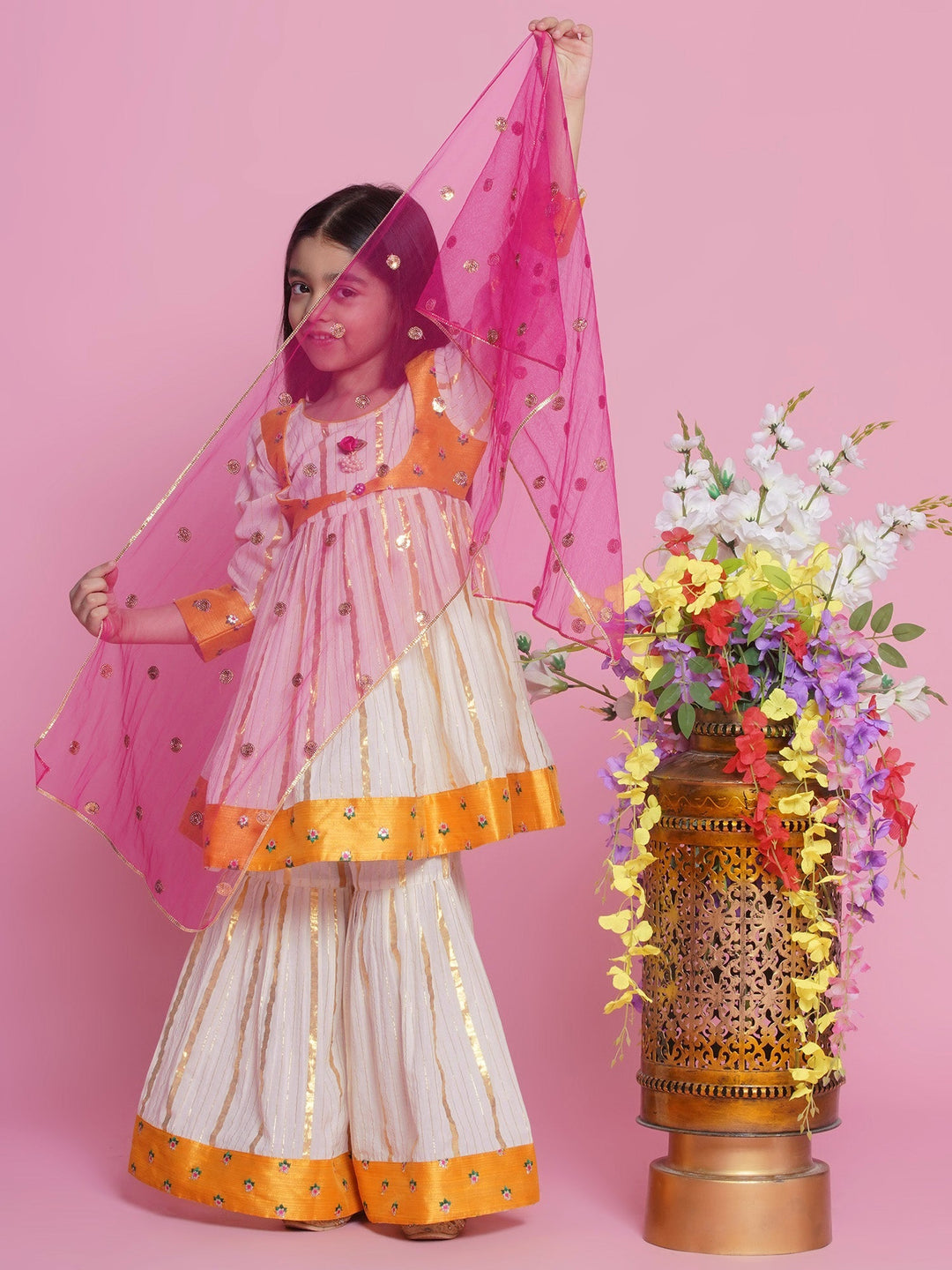 Choti Buti Floral Anarkali Sharara Set with Dupatta - Cream | SHOBITAM