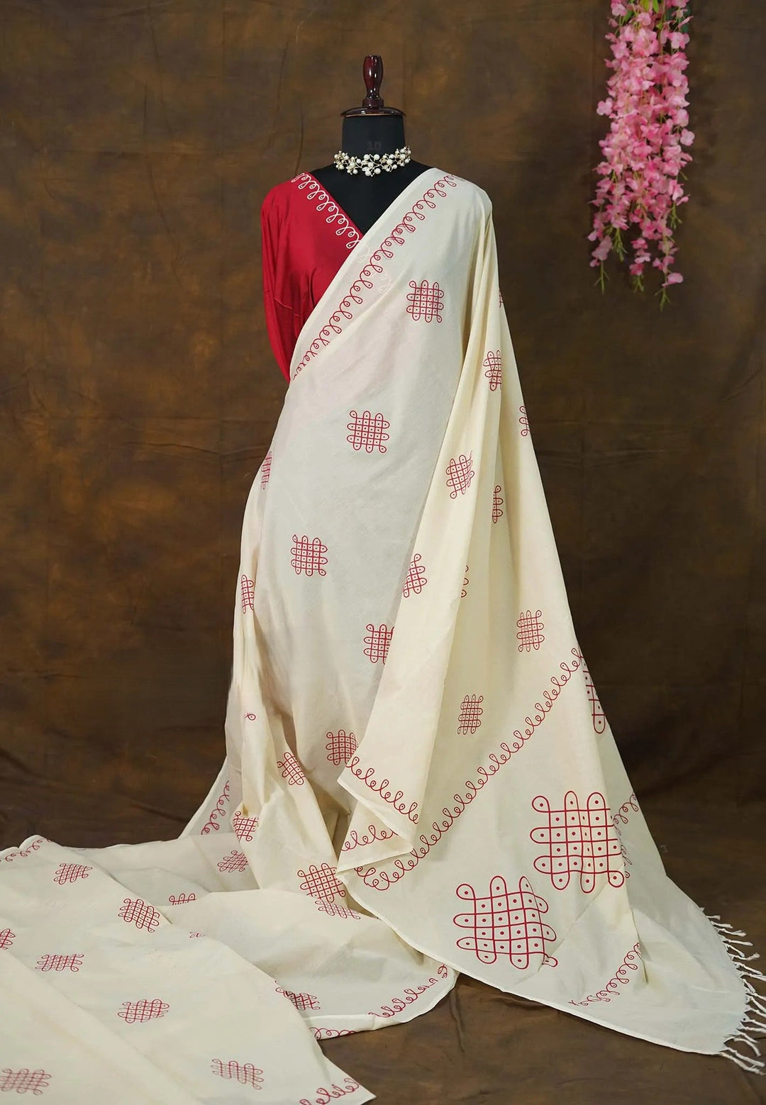 Bamboo Cotton Saree with Kolam Handblock Print | SHOBITAM