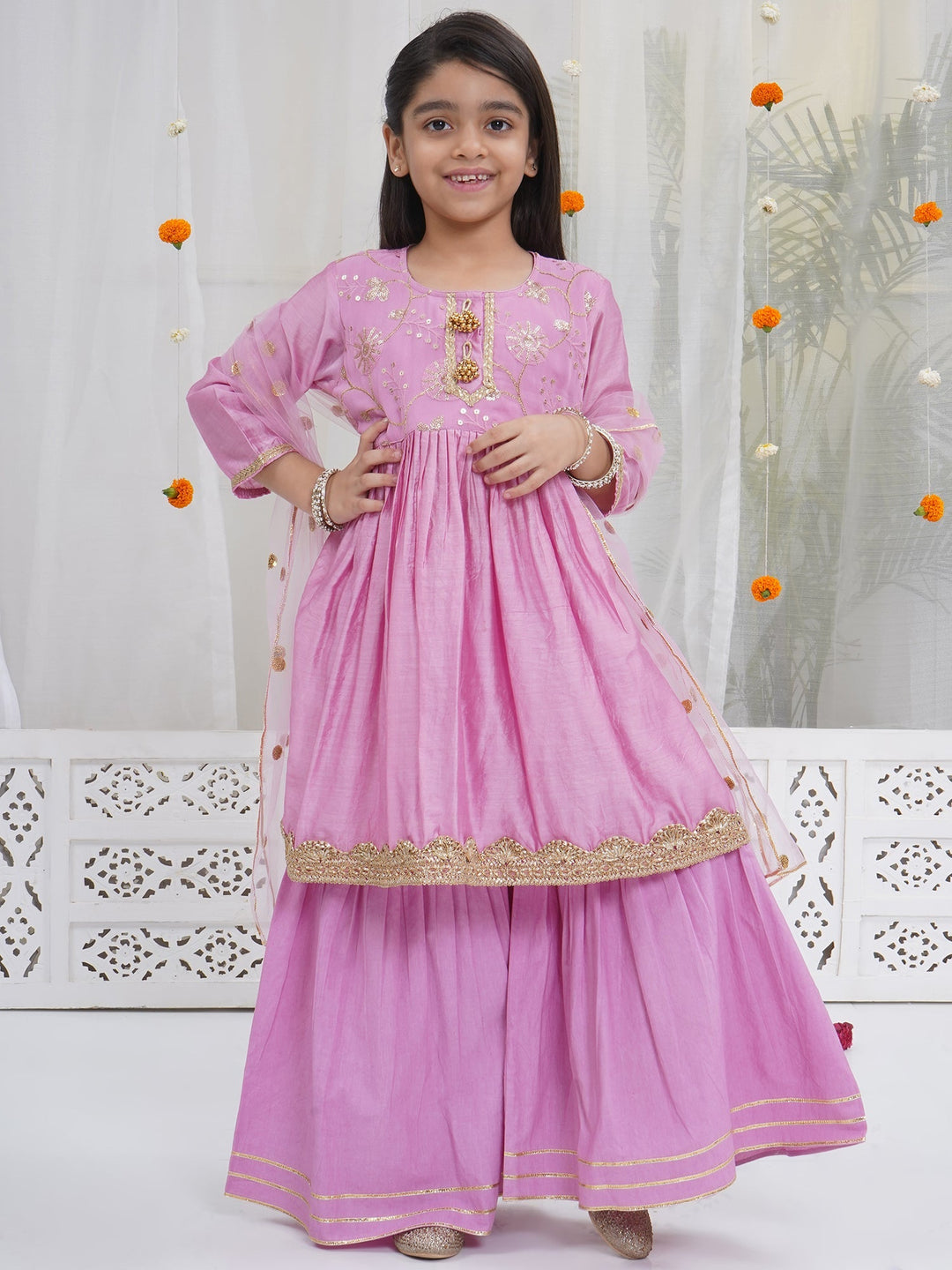 Girls Lavender Pink Chanderi Semi-Silk Floral Embroidery Kurta Sharara Set with Dupatta & Cotton Lining | SHOBITAM