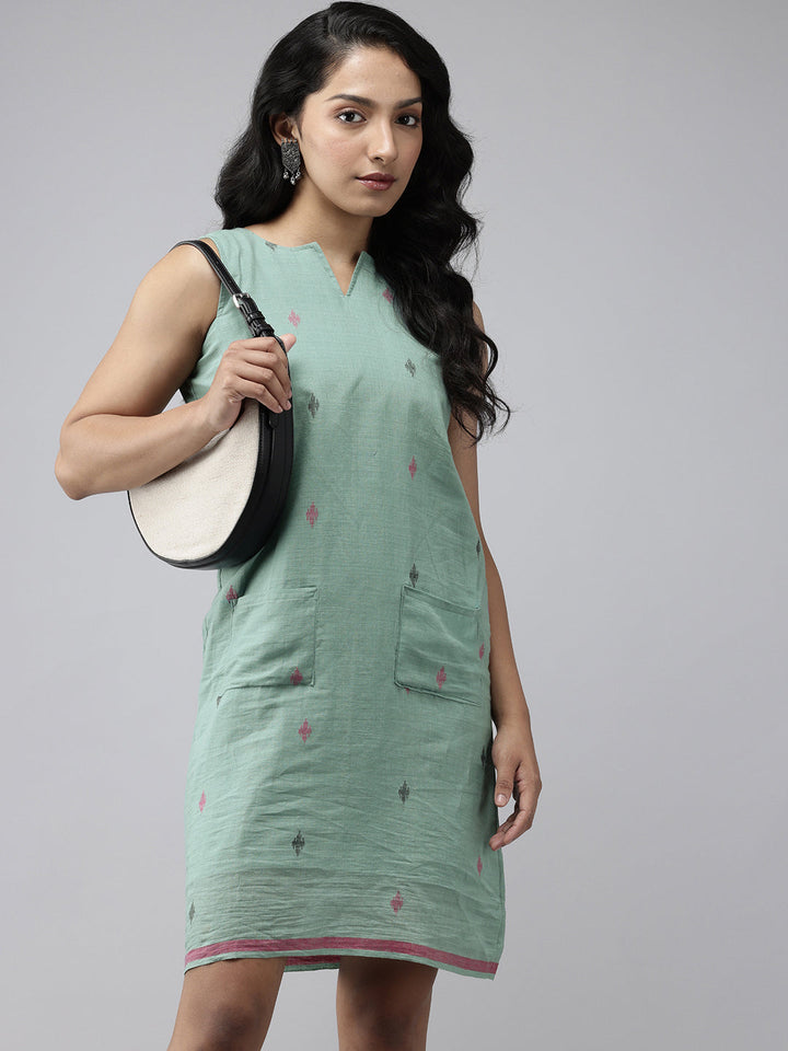 Green Cotton Handloom Dress | SHOBITAM