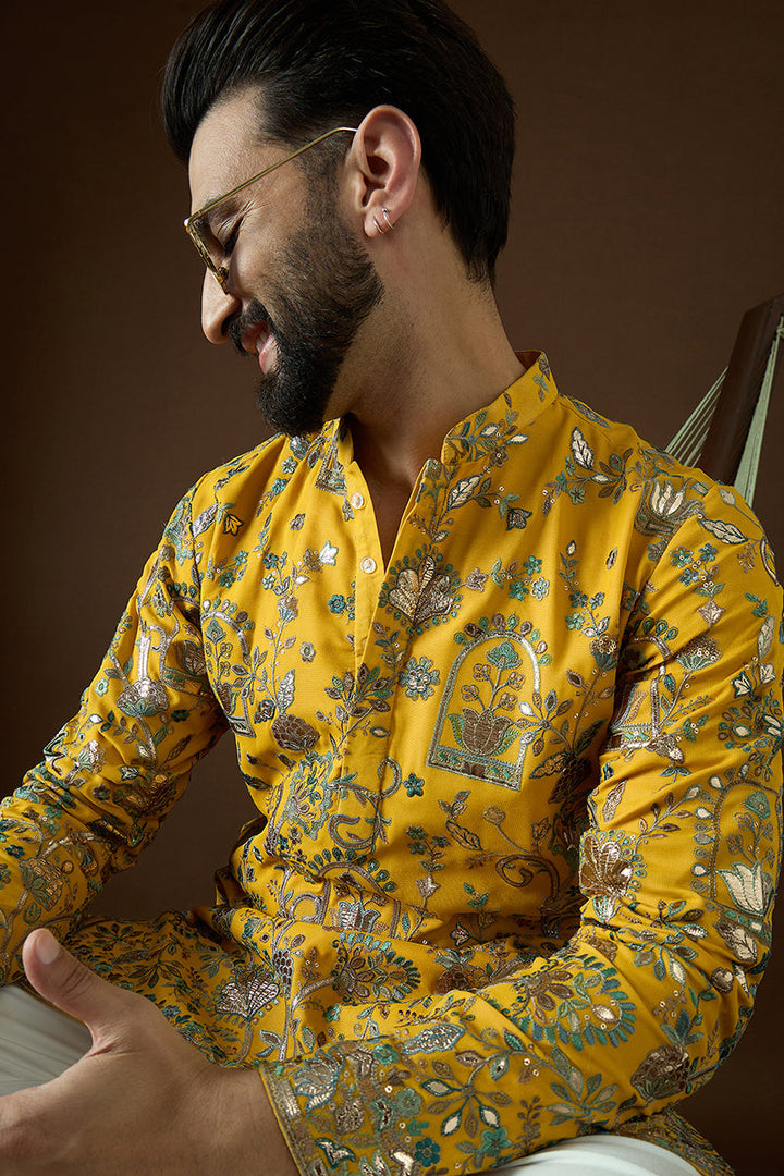 Yellow Georgette Solid Embroidered Straight Kurta Sets | SHOBITAM