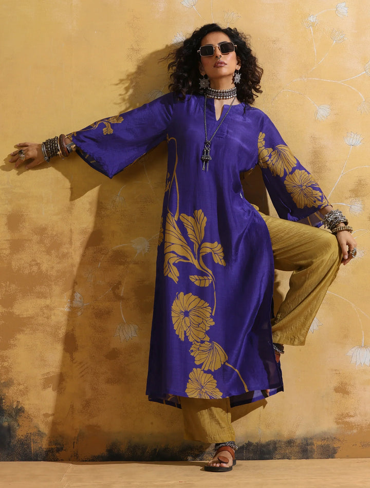 Purple Mustard Floral Print Muslin Silk High-Slit Kurta Set  | SHOBITAM