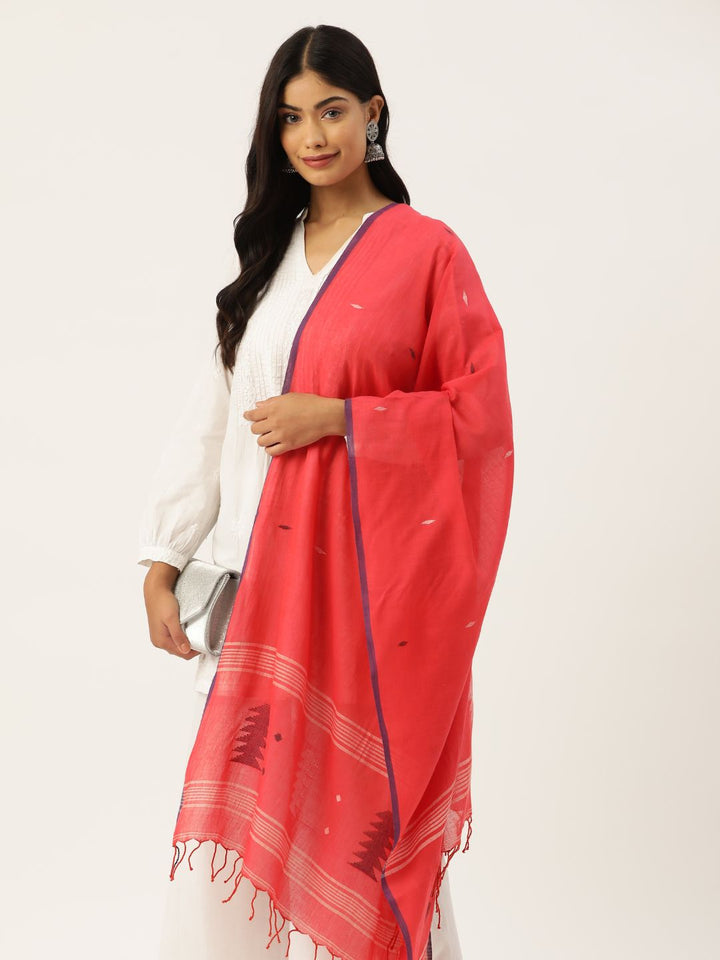 Red,White & Blue Handloom Cotton Jamdani Stole | SHOBITAM