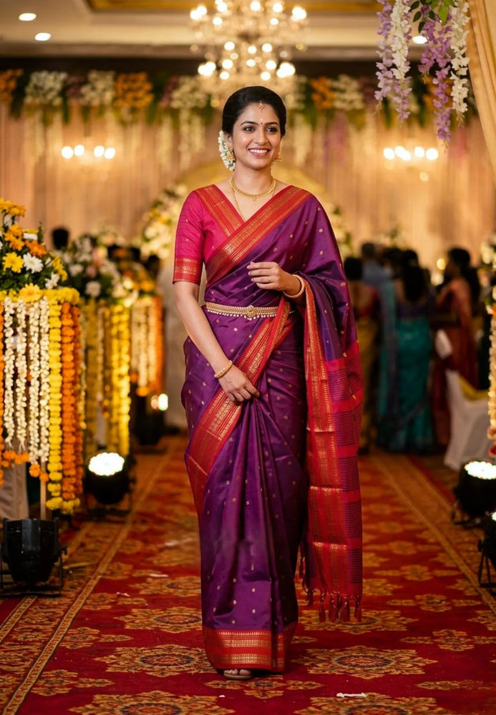 Jamuni Purple Semi Silk Gaadwal Saree with Rettapet Rudraksham Border  | SHOBITAM