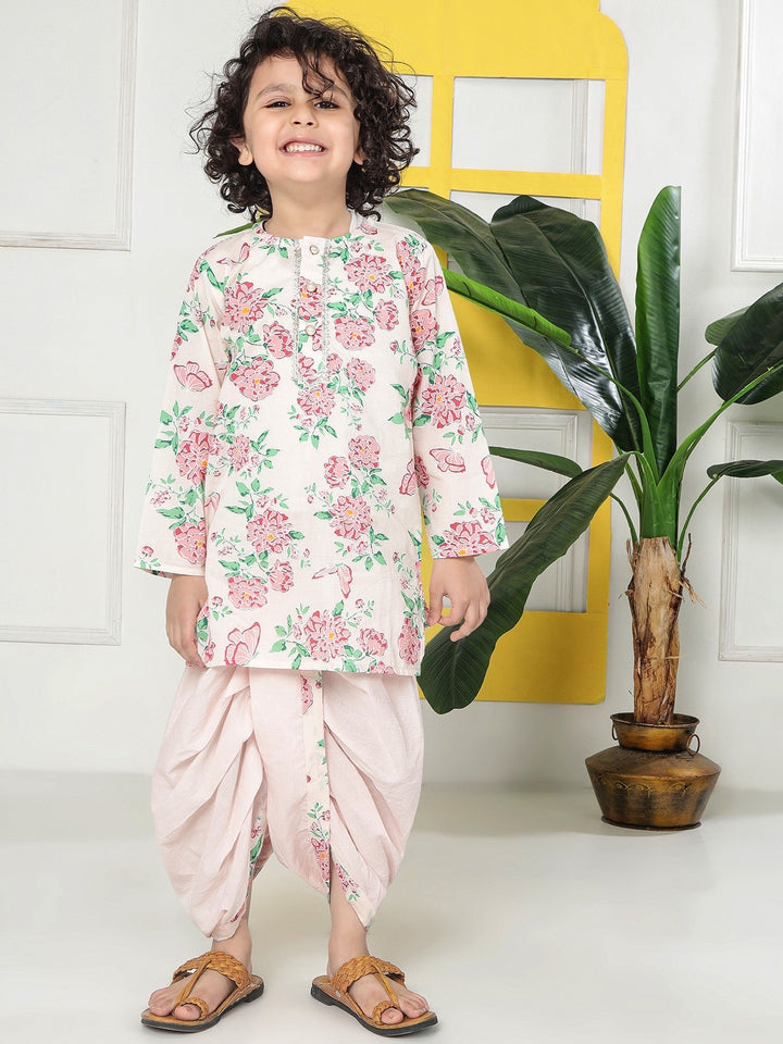 Petal Pink Floral Cotton Kurta with Dhoti | SHOBITAM