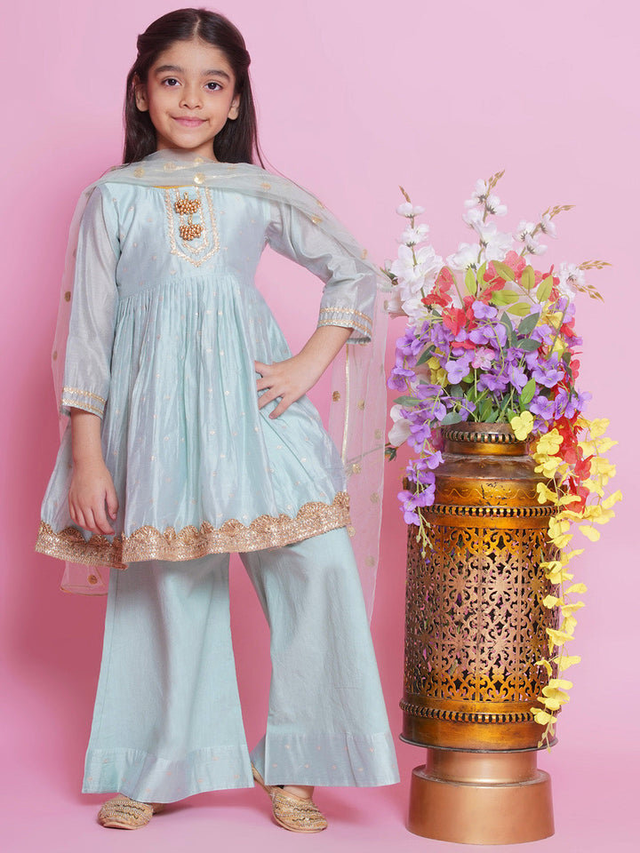 Girls Chanderi Cotton Three Fourth Sleeves Kurta Frock with Plazzo and Dupatta with Boota, Lace & Tussel work - Dolphin Green | SHOBITAM