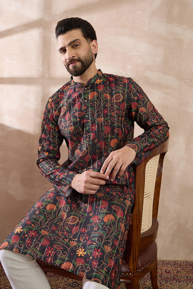 Black Silk Blend Embroidered Mandarin Collar Straight Kurta | SHOBITAM