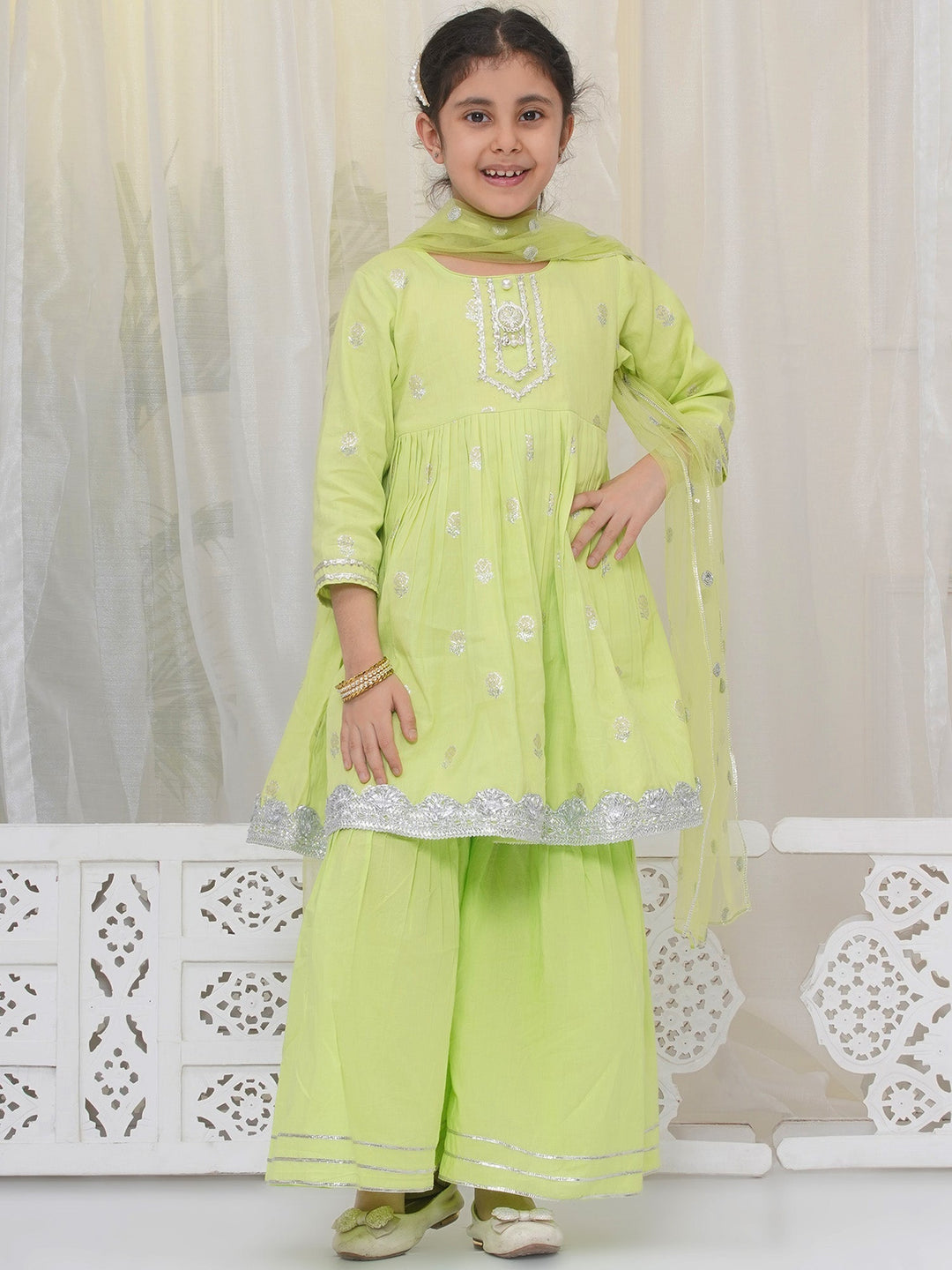 Girls Cotton Three Fourth Sleeves Frock Style Kurta with Sharara and Net Dupatta with Rose & Petal Design Zari work -Green | SHOBITAM