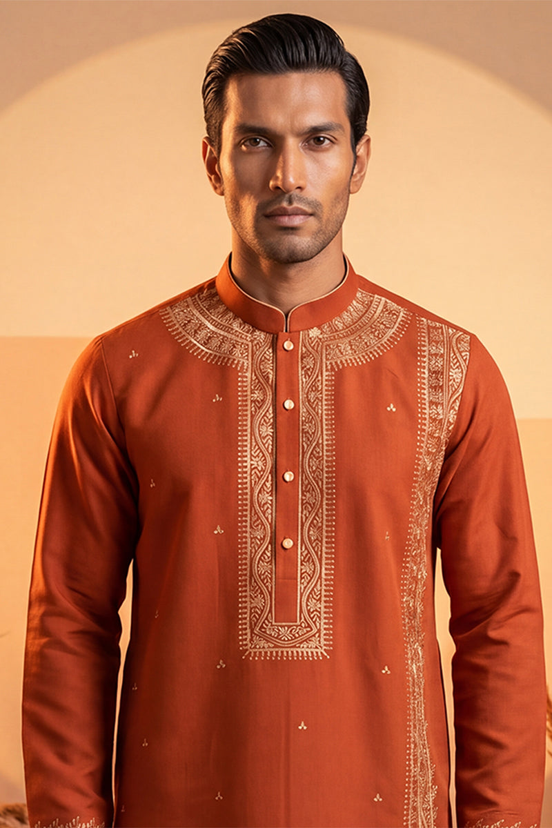 Mens Orange Silk Blend Solid Emboidered Straight Kurta With Trouser | SHOBITAM