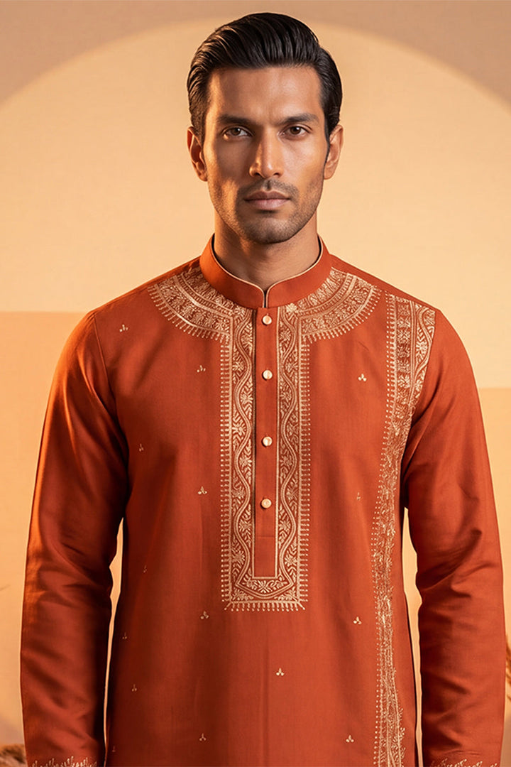 Mens Orange Silk Blend Solid Emboidered Straight Kurta With Trouser | SHOBITAM
