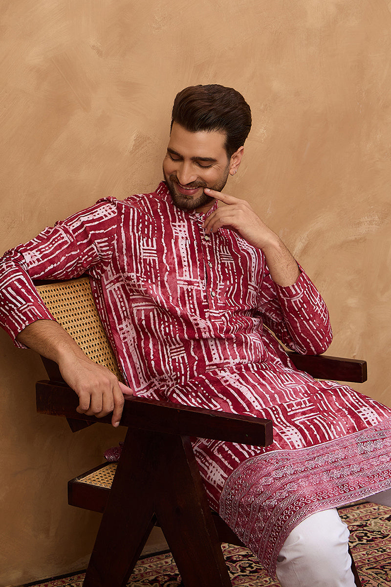 Red Viscose Rayon Batik Embroidered Straight Kurta | SHOBITAM