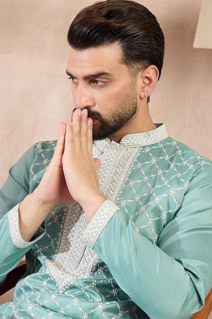 Teal Silk Blend Geometric Embroidered Straight Kurta With Trouser | SHOBITAM