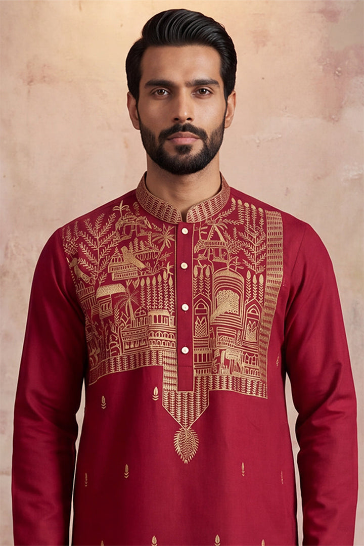 Mens Red Silk Blend Solid Emboidered Straight Kurta With Trouser | SHOBITAM