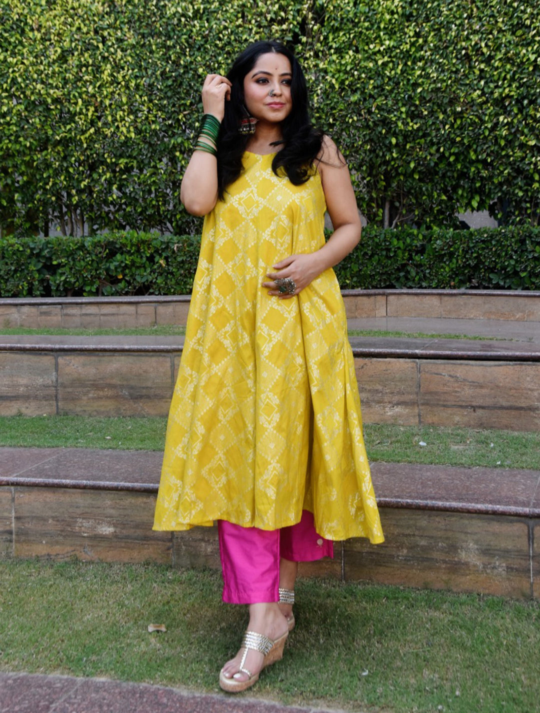 Lime Brocade Flared Kurta Set |  SHOBITAM