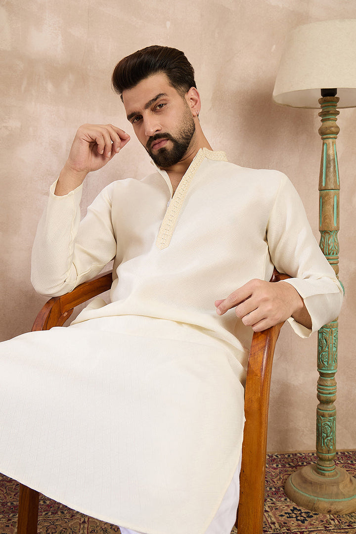 Off White Silk Blend Solid Embroidered Straight Kurta For Men | SHOBITAM
