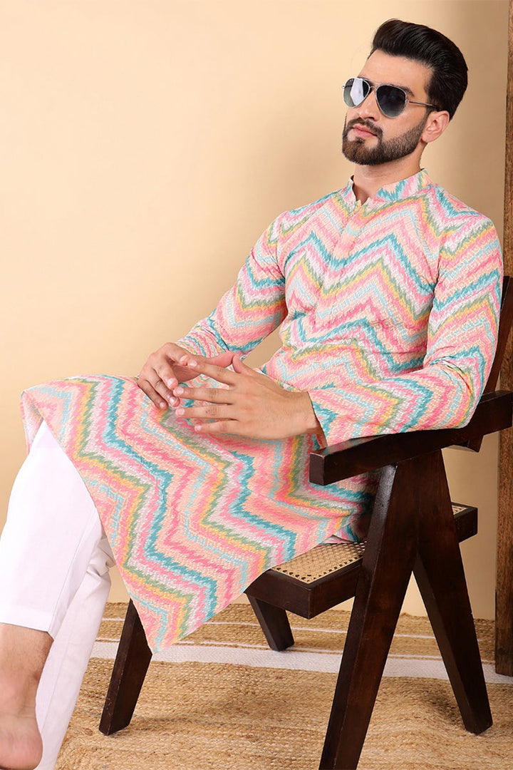 Ethnic Bay Teal Viscose Rayon Chevron Embroidered Straight Kurta For Men | SHOBITAM