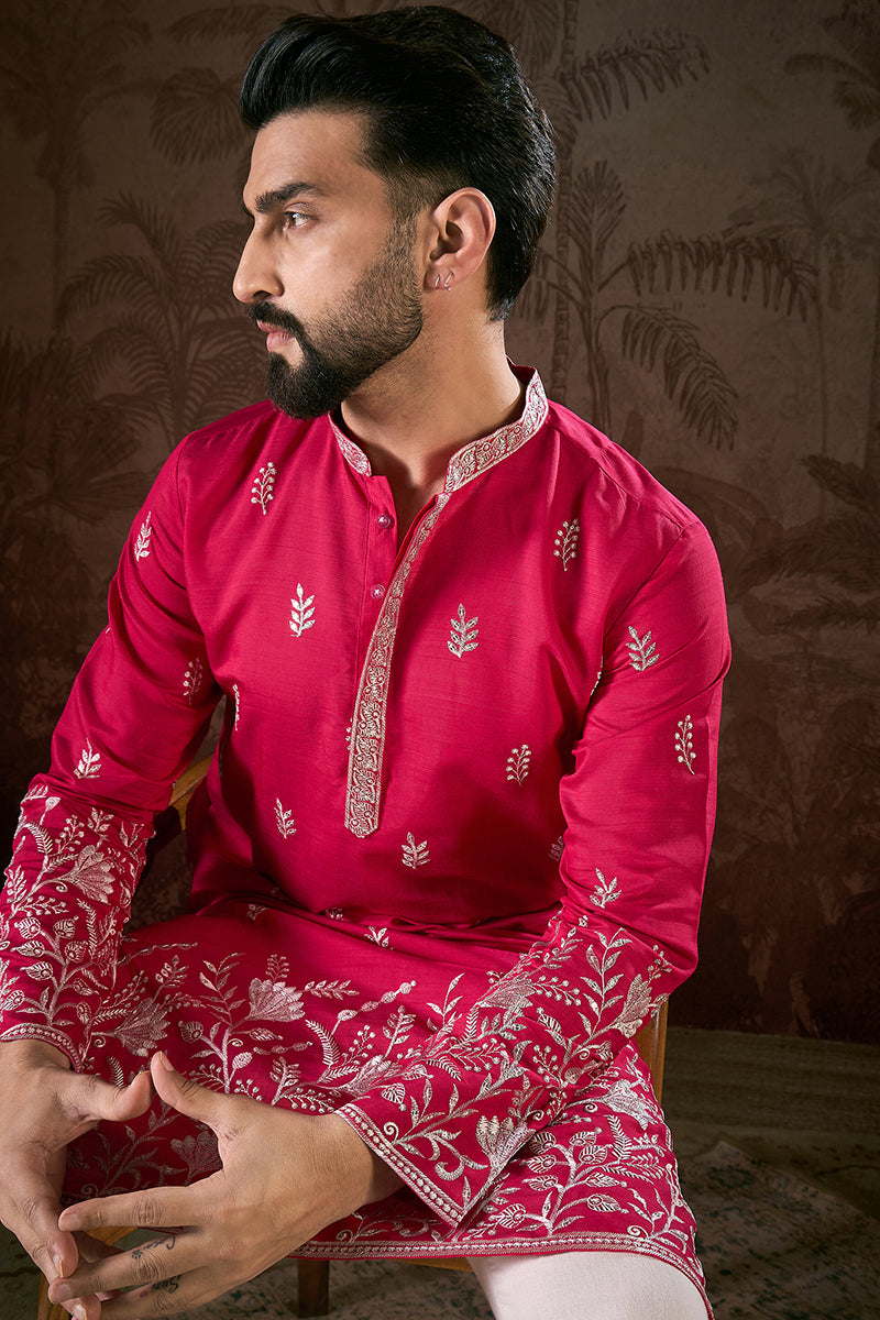 Pink Silk Blend Solid Embroidered Straight Kurta With Trouser | SHOBITAM