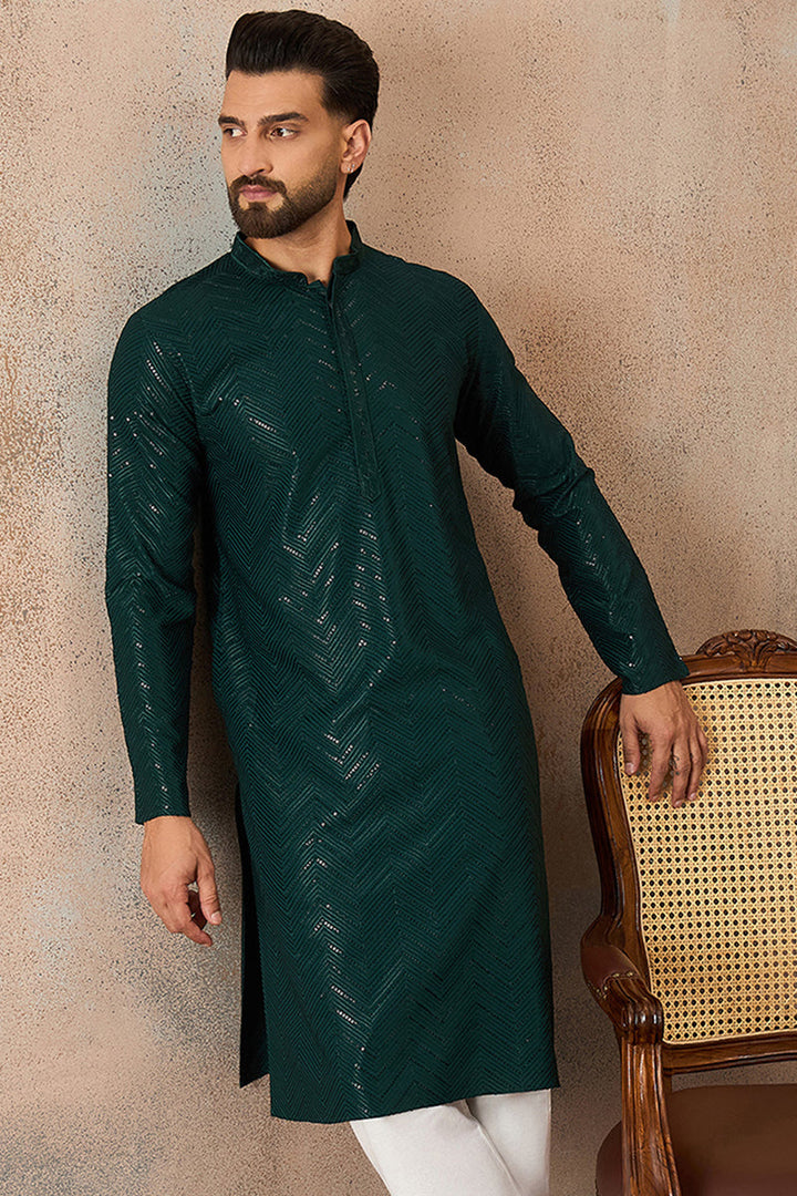 Green Rayon Embroidered Straight Kurta | SHOBITAM