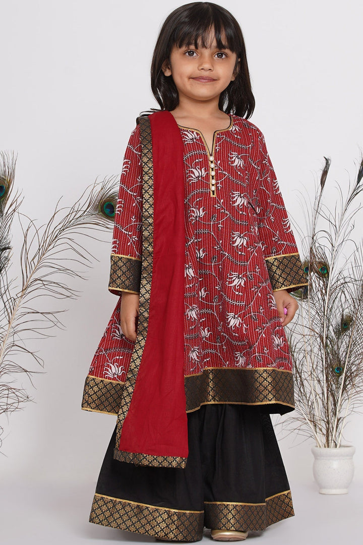 Girls Kantha work Lotus Print Long Maroon Kurta with Black Sharara and Dupatta | SHOBITAM