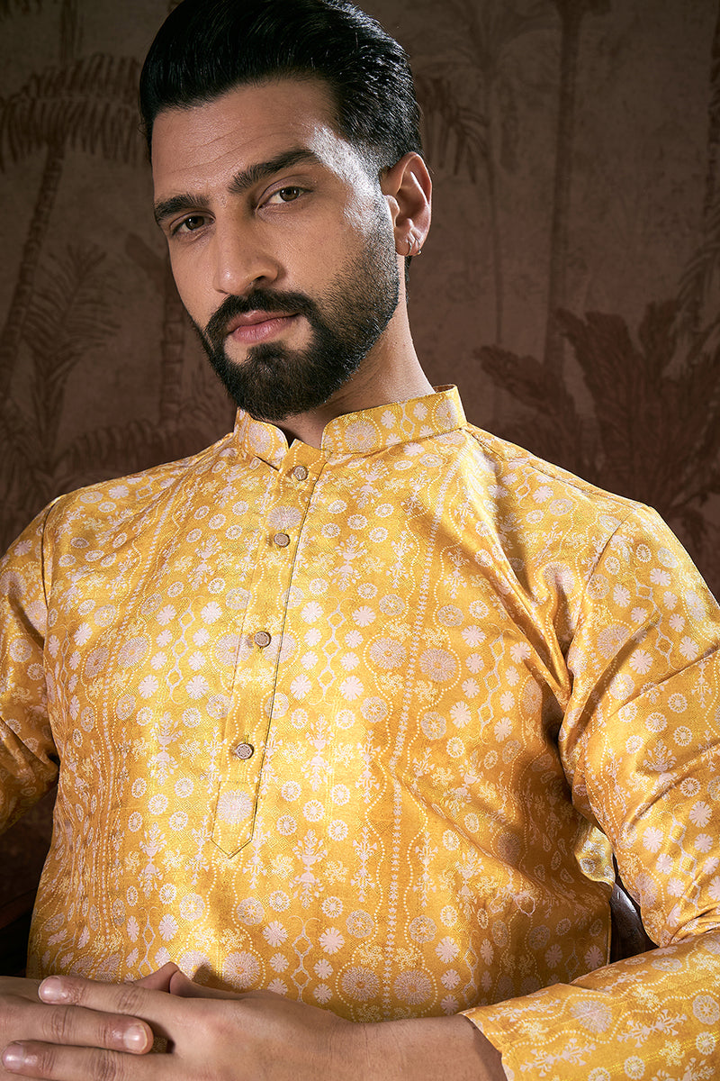 Yellow Silk Blend Floral Printed Straight Kurta With Trouser | SHOBITAM