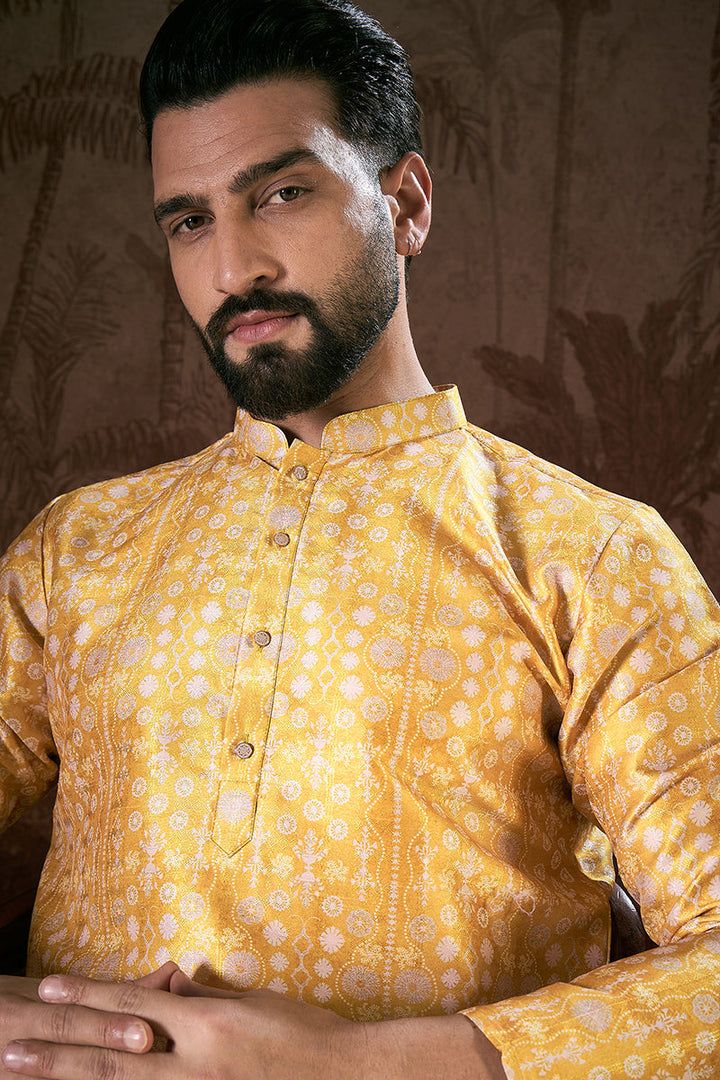 Yellow Silk Blend Floral Printed Straight Kurta With Trouser | SHOBITAM