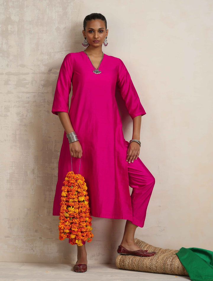 Pink Silk High Slit Kurta Set | SHOBITAM