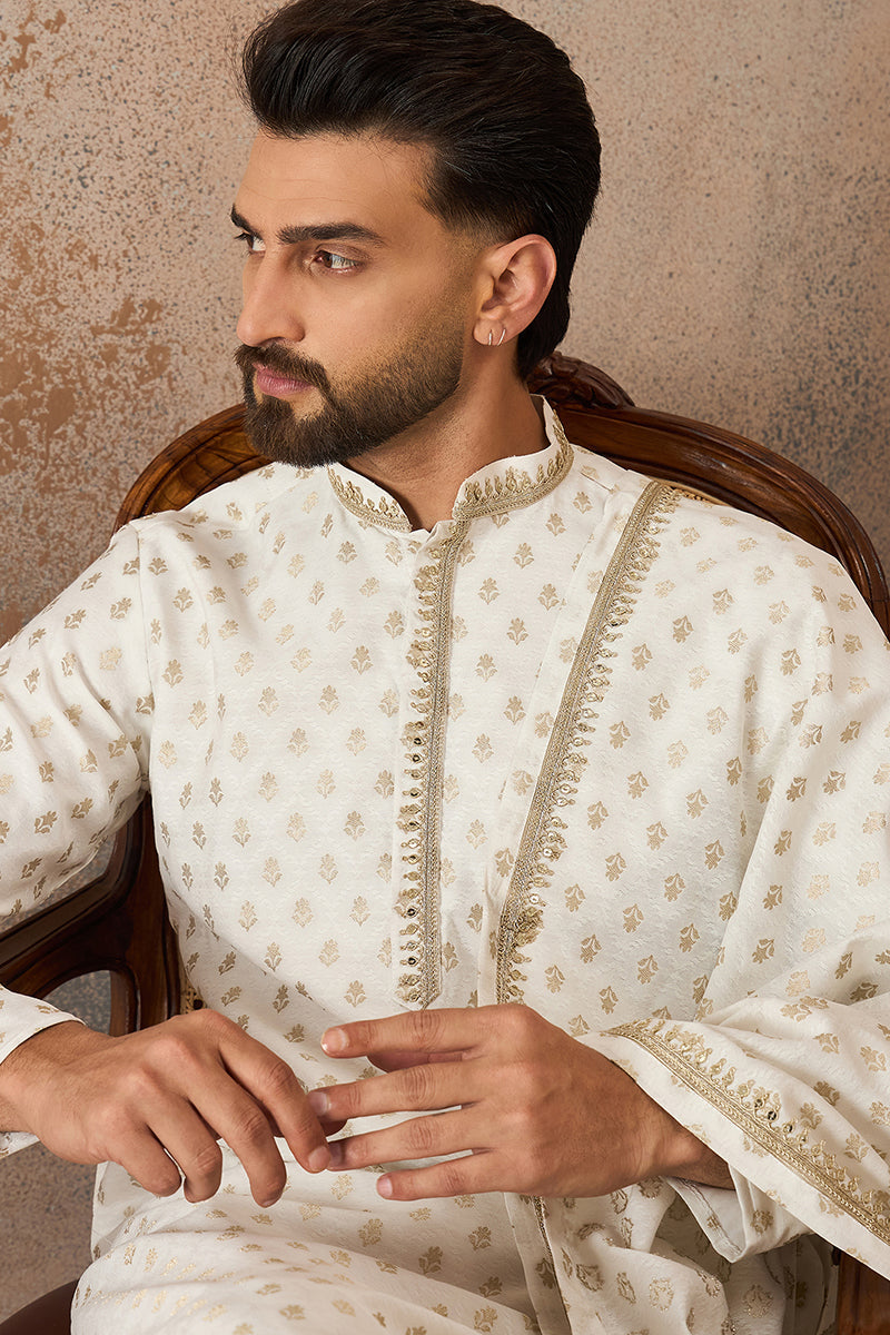 Men White Jacquard Woven Design Floral Straight Kurta Sets | SHOBITAM