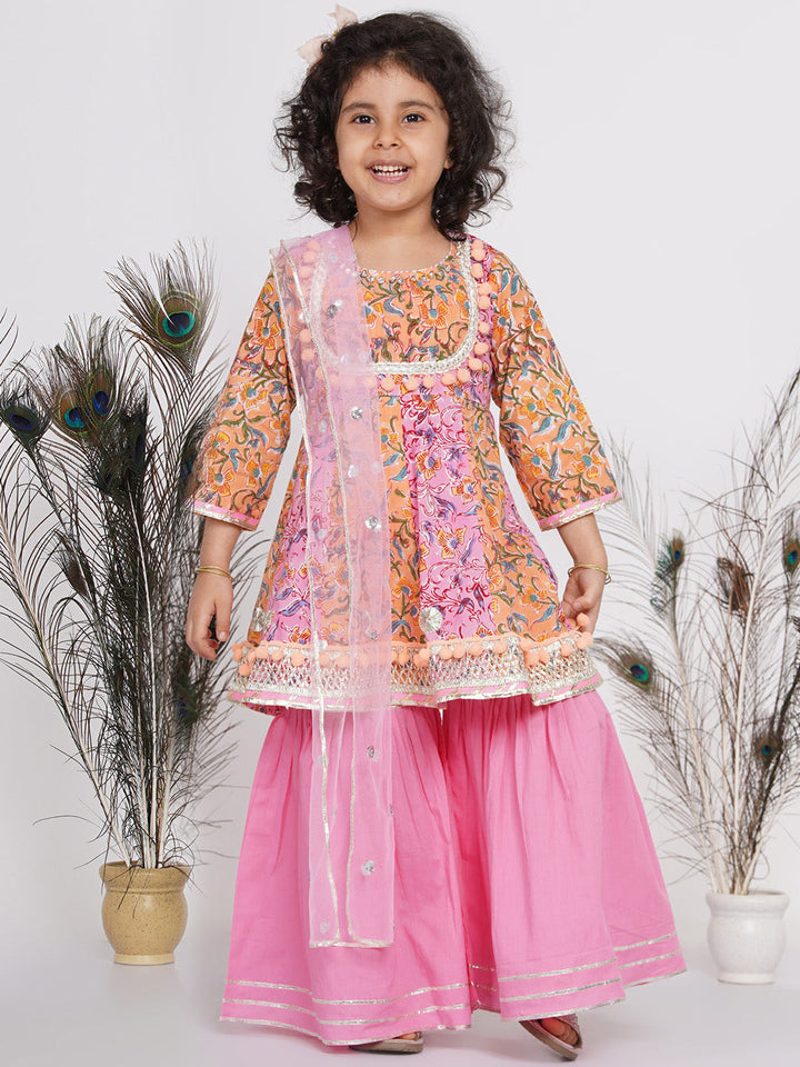 Girls Jaipuri Floral Kurta with sharara and dupatta - Orange and Pink | SHOBITAM