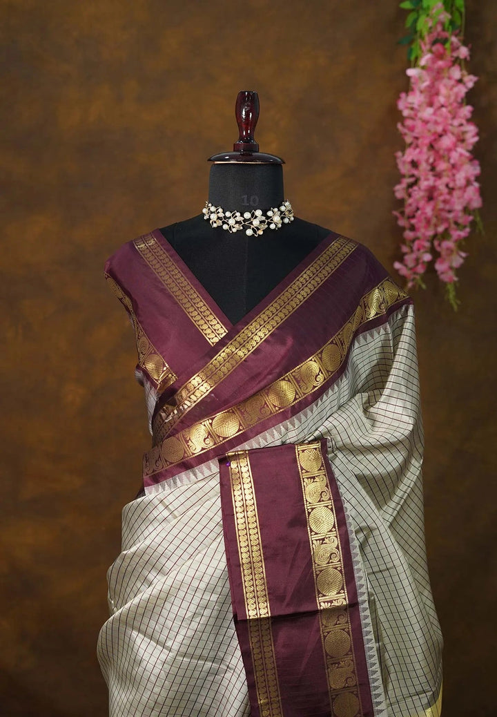 Gray and Plum Semi Silk Saree with Rettaipet Borders | SHOBITAM