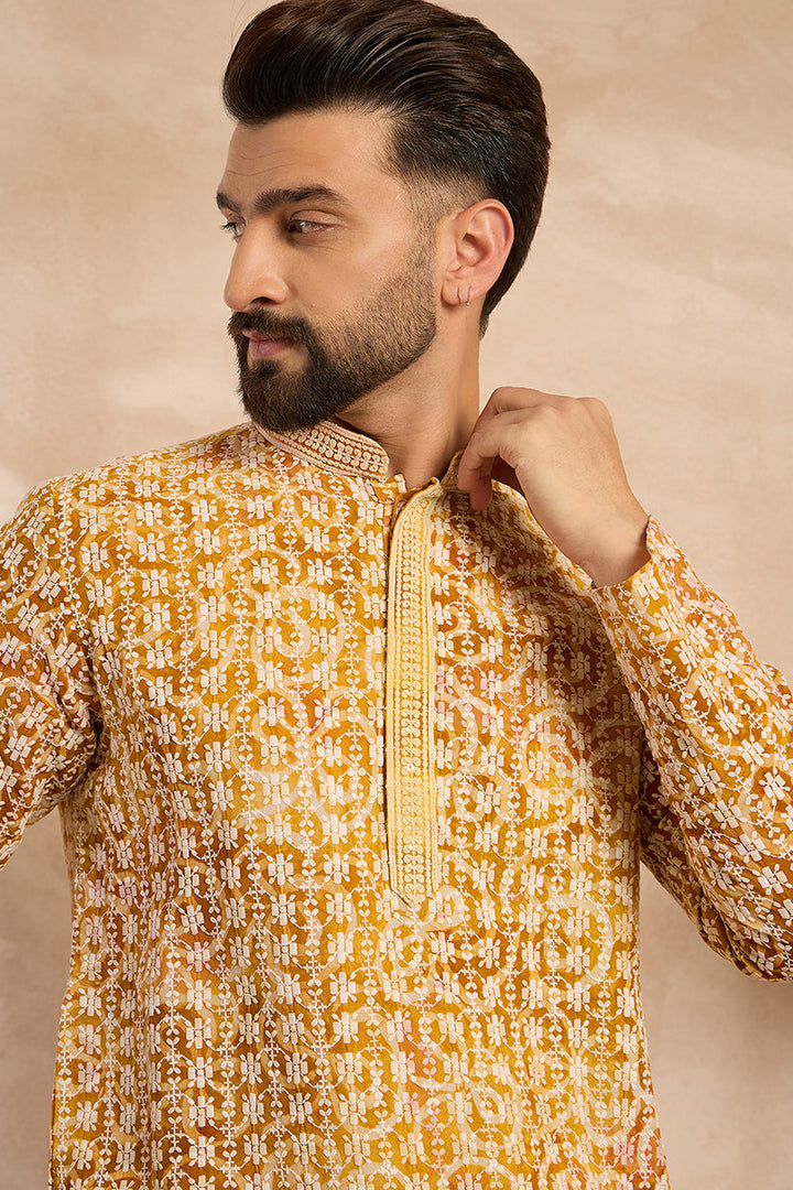 Yellow Viscose Rayon Batik Embroidered Straight Kurta | SHOBITAM