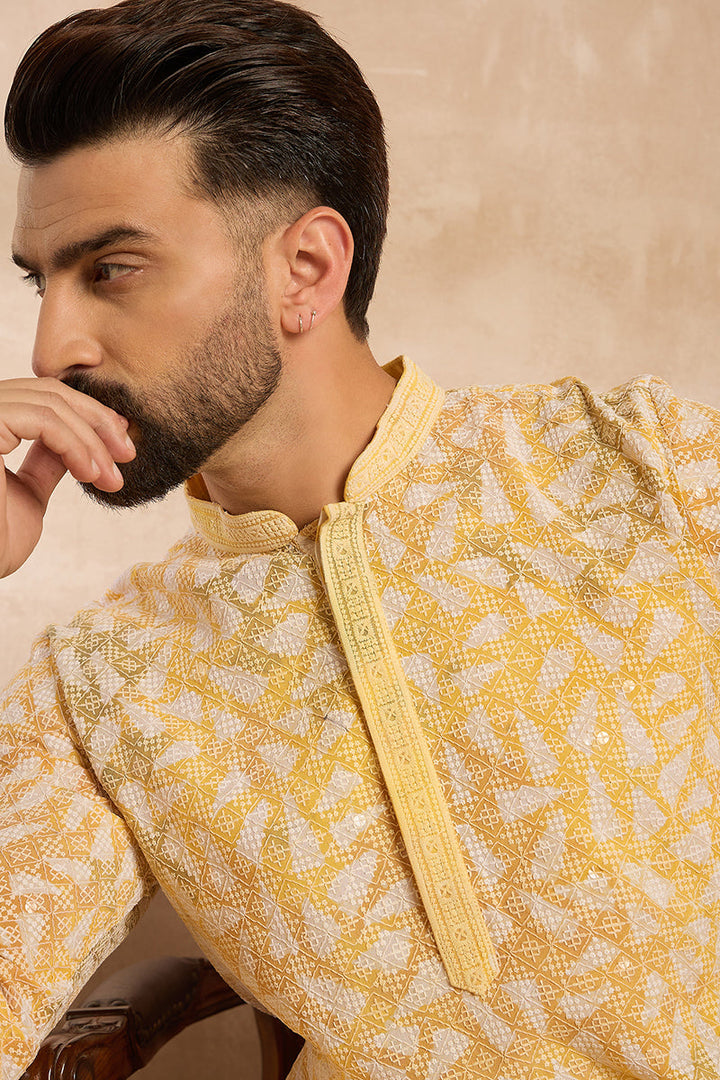 Yellow Viscose Rayon Printed Mandarin Collar Straight Kurta | SHOBITAM